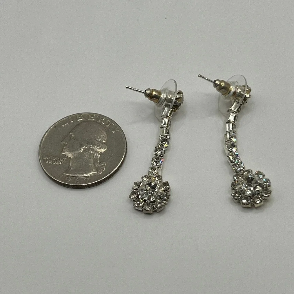 Vintage Pierced Earrings Clear Rhinestones Dangle‎ Drop Silver Tone Statement